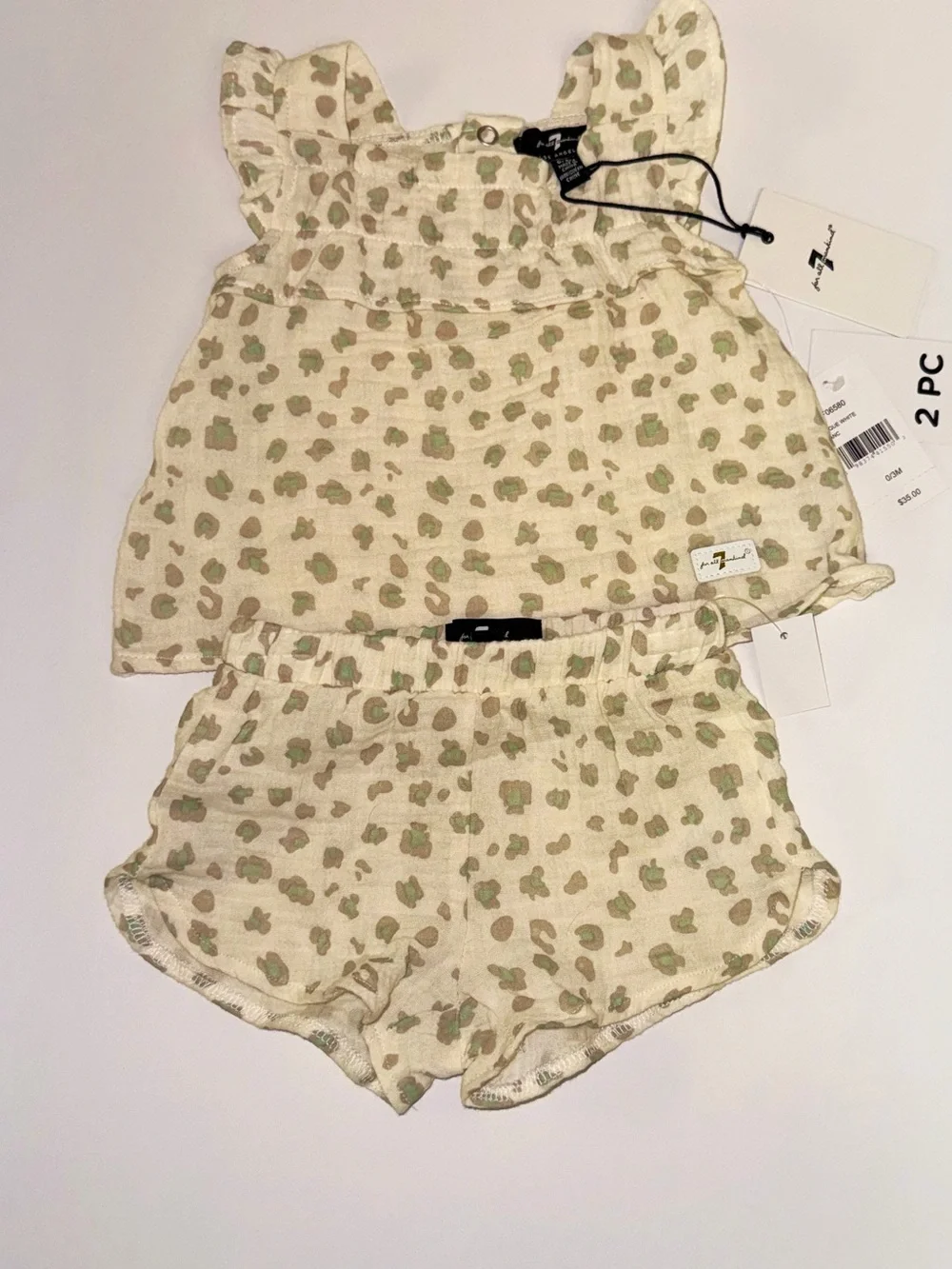 Two-Piece Infant Top & Shorts Set in Cream with Olive Spot Print